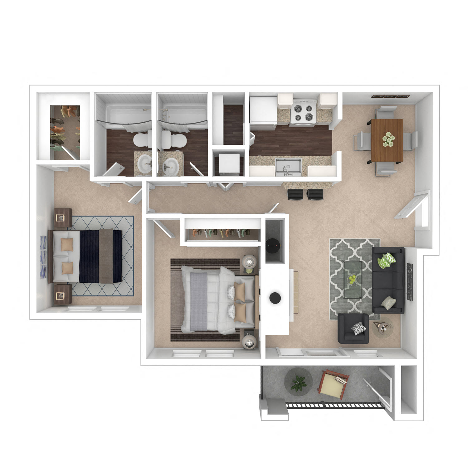 Floor plan for 2 beds, 2 baths, 940 sqft
